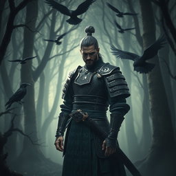 A male Kensei Samurai, embodying the role of a battlemage, stands in a mystical forest illuminated by soft, eerie light