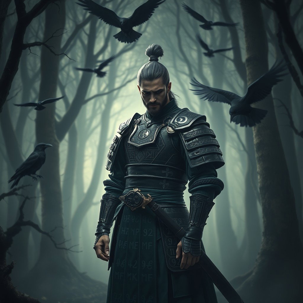 A male Kensei Samurai, embodying the role of a battlemage, stands in a mystical forest illuminated by soft, eerie light