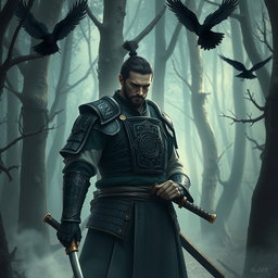 A male Kensei Samurai, embodying the role of a battlemage, stands in a mystical forest illuminated by soft, eerie light