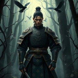 A male Kensei Samurai, embodying the role of a battlemage, stands in a mystical forest illuminated by soft, eerie light