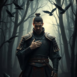 A male Kensei Samurai, embodying the role of a battlemage, stands in a mystical forest illuminated by soft, eerie light