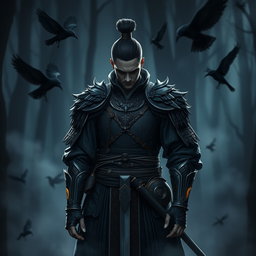 A male Kensei battlemage, exuding an air of apology, stands in a shadowy forest that hints at a connection with the Raven Queen