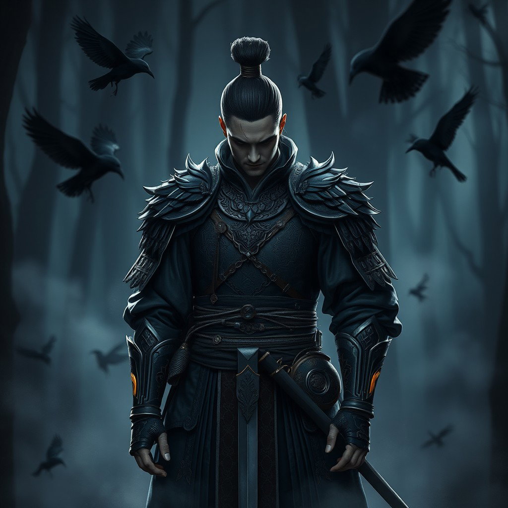 A male Kensei battlemage, exuding an air of apology, stands in a shadowy forest that hints at a connection with the Raven Queen