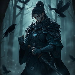 A male Kensei battlemage, exuding an air of apology, stands in a shadowy forest that hints at a connection with the Raven Queen