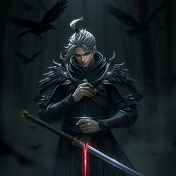 A male Kensei battlemage, exuding an air of apology, stands in a shadowy forest that hints at a connection with the Raven Queen