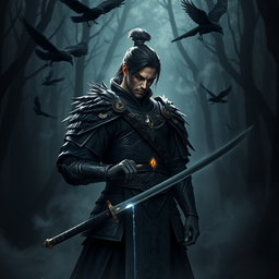 A male Kensei battlemage, exuding an air of apology, stands in a shadowy forest that hints at a connection with the Raven Queen