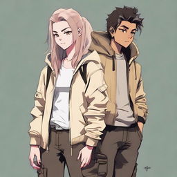 A teenage girl with wolf-like hair in a black hoodie and cargo pants next to her boyfriend, sporting shoulder-length hair and a stylish cream jacket