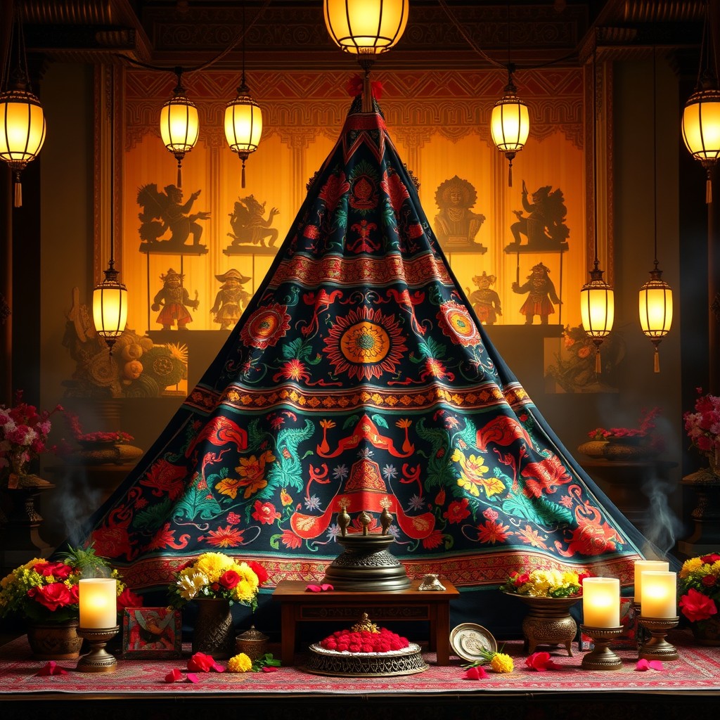 An intricate and detailed depiction of a traditional Indonesian 'gunungan' (a mountain-shaped cloth used in Wayang Kulit performances) with various colorful motifs and patterns