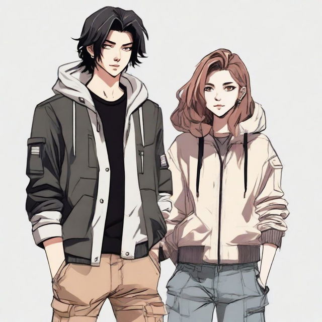 A teenage girl with wolf-like hair in a black hoodie and cargo pants next to her boyfriend, sporting shoulder-length hair and a stylish cream jacket