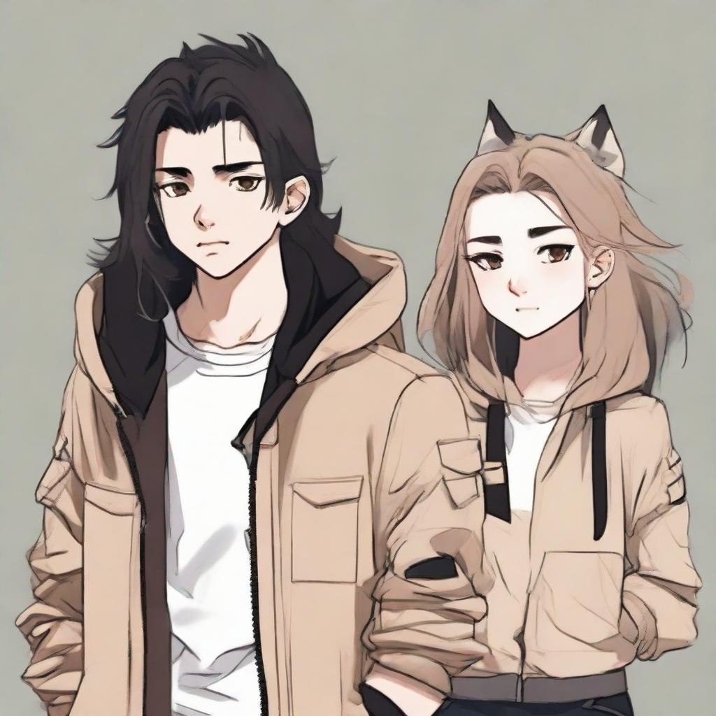 A teenage girl with wolf-like hair in a black hoodie and cargo pants next to her boyfriend, sporting shoulder-length hair and a stylish cream jacket