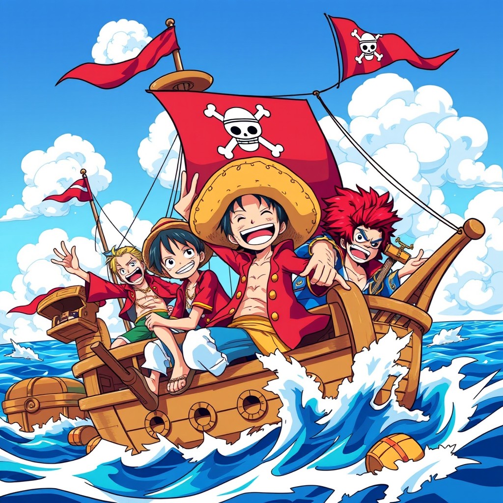 A vibrant and dynamic illustration featuring iconic characters from the anime "One Piece," including Monkey D