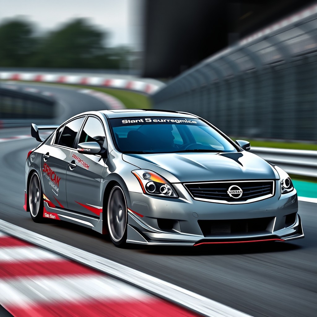 A 2008 Nissan Altima designed for circuit racing, in a sleek grey color with subtle racing livery accents