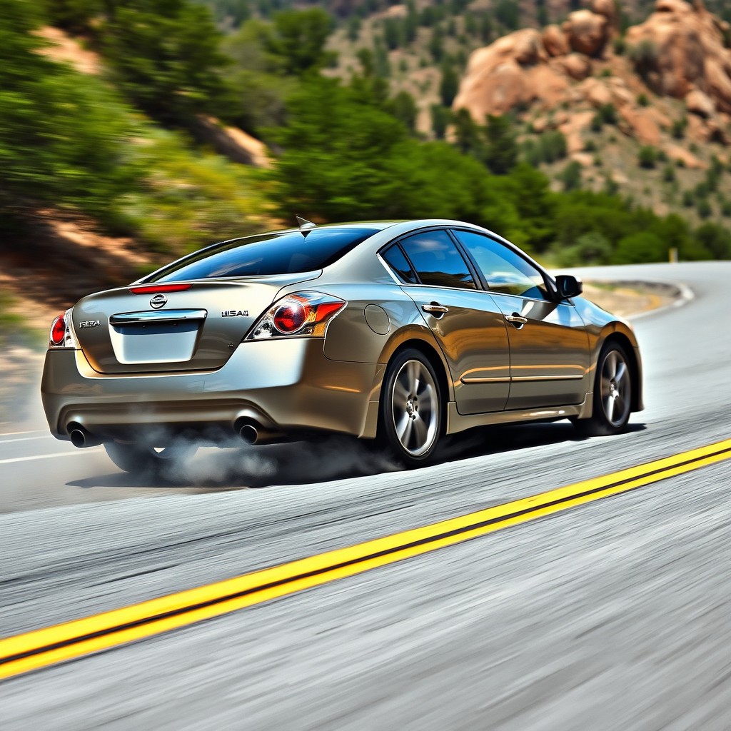 A Nissan Altima 2008 model in the midst of an exciting drift maneuver on a winding mountain road
