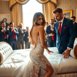 In the opulent Oval Office setting, an 18-year-old Arabic woman captivates with her stunningly petite frame, characterized by delicate breasts, a tiny waist, and wide hips