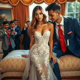 In the opulent Oval Office setting, an 18-year-old Arabic woman captivates with her stunningly petite frame, characterized by delicate breasts, a tiny waist, and wide hips