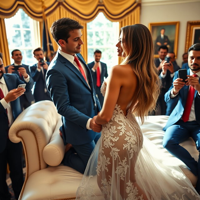 In the opulent Oval Office setting, an 18-year-old Arabic woman captivates with her stunningly petite frame, characterized by delicate breasts, a tiny waist, and wide hips