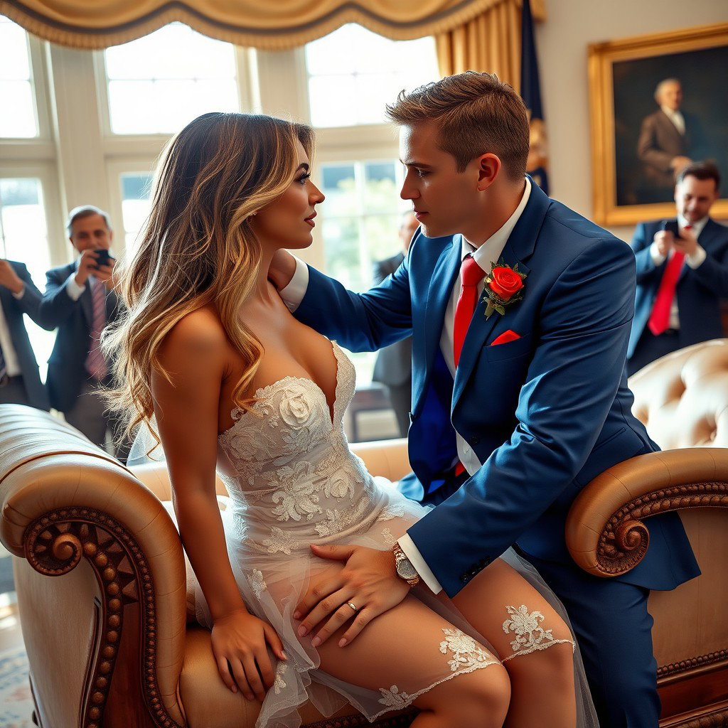 In the majestic Oval Office, an 18-year-old Arabic woman radiates beauty with her delicately slender frame, defined by delicate breasts, a tiny waist, and wide hips