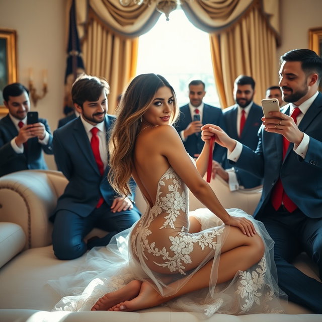 In the elegant setting of the Oval Office, an 18-year-old Arabic woman captures attention with her stunningly petite form, featuring delicate breasts, a tiny waist, and wide hips