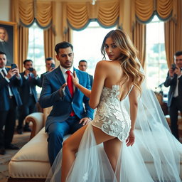 In the luxurious Oval Office, an 18-year-old Arabic woman stands out with her exquisite petite frame, featuring delicate breasts, a tiny waist, and wide hips