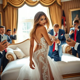 In the luxurious Oval Office, an 18-year-old Arabic woman stands out with her exquisite petite frame, featuring delicate breasts, a tiny waist, and wide hips