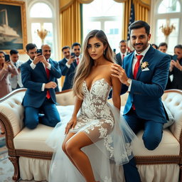 In the luxurious Oval Office, an 18-year-old Arabic woman stands out with her exquisite petite frame, featuring delicate breasts, a tiny waist, and wide hips