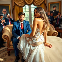 In the iconic Oval Office, an 18-year-old Arabic woman embodies captivating beauty with her slender figure, highlighted by delicate breasts, a tiny waist, and wide hips