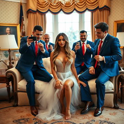 In the opulent Oval Office, an 18-year-old Arabic woman exudes charm with her stunning petite figure, showcasing delicate breasts, a tiny waist, and wide hips