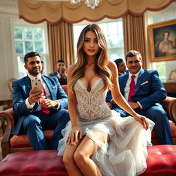 In the opulent Oval Office, an 18-year-old Arabic woman exudes charm with her stunning petite figure, showcasing delicate breasts, a tiny waist, and wide hips