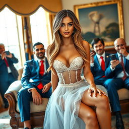 In the opulent Oval Office, an 18-year-old Arabic woman exudes charm with her stunning petite figure, showcasing delicate breasts, a tiny waist, and wide hips