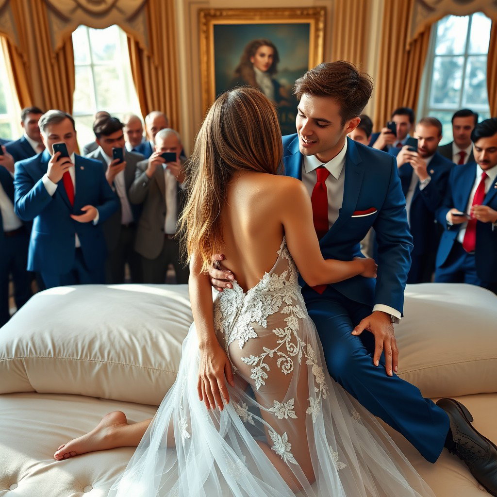 Inside the prestigious Oval Office, an 18-year-old Arabic woman captivates with her exquisite beauty, featuring a slender figure with delicate breasts, a tiny waist, and wide hips