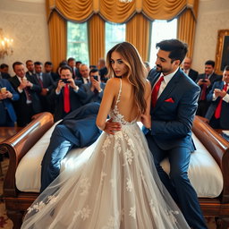 Inside the prestigious Oval Office, an 18-year-old Arabic woman captivates with her exquisite beauty, featuring a slender figure with delicate breasts, a tiny waist, and wide hips