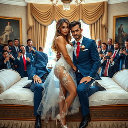 Inside the prestigious Oval Office, an 18-year-old Arabic woman captivates with her exquisite beauty, featuring a slender figure with delicate breasts, a tiny waist, and wide hips