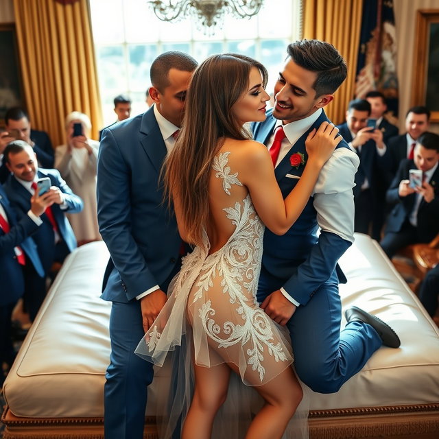 Inside the prestigious Oval Office, an 18-year-old Arabic woman captivates with her exquisite beauty, featuring a slender figure with delicate breasts, a tiny waist, and wide hips