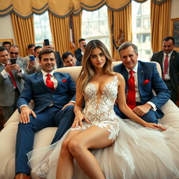 In the iconic Oval Office, an 18-year-old Arabic woman captivates with her breathtaking beauty and slender physique, featuring delicate breasts, a tiny waist, and wide hips