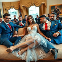 In the iconic Oval Office, an 18-year-old Arabic woman captivates with her breathtaking beauty and slender physique, featuring delicate breasts, a tiny waist, and wide hips