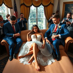 In the iconic Oval Office, an 18-year-old Arabic woman captivates with her breathtaking beauty and slender physique, featuring delicate breasts, a tiny waist, and wide hips