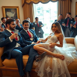 In the iconic Oval Office, an 18-year-old Arabic woman captivates with her breathtaking beauty and slender physique, featuring delicate breasts, a tiny waist, and wide hips