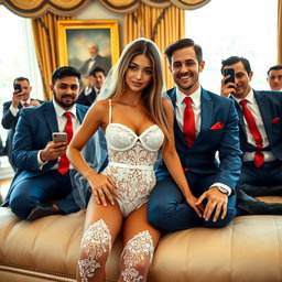 In the distinguished Oval Office, an 18-year-old Arabic woman captures attention with her breathtaking petite figure, characterized by delicate breasts, a tiny waist, and wide hips