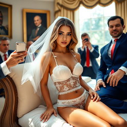 In the elegant setting of the Oval Office, an 18-year-old Arabic woman embodies stunning beauty with her petite figure, featuring delicate breasts, a tiny waist, and wide hips