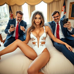 In the iconic Oval Office, an 18-year-old Arabic woman presents a captivating vision of beauty with her slender and petite frame characterized by delicate breasts, a tiny waist, and wide hips