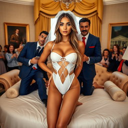 In the grandeur of the Oval Office, an 18-year-old Arabic woman exudes beauty and confidence with her striking petite figure, characterized by delicate breasts, a tiny waist, and wide hips