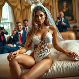 Set in the lavish Oval Office, an 18-year-old Arabic woman embodies beauty with her stunning petite figure, featuring delicate breasts, a tiny waist, and wide hips