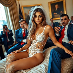 Set in the lavish surroundings of the Oval Office, an 18-year-old Arabic woman exudes charm and elegance with her delicate, petite frame characterized by slender breasts, a tiny waist, and very wide hips