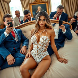 In the opulent surroundings of the Oval Office, a gorgeous 18-year-old Arabic woman captivates with her slender and petite figure, featuring delicate breasts, a tiny waist, and very wide hips