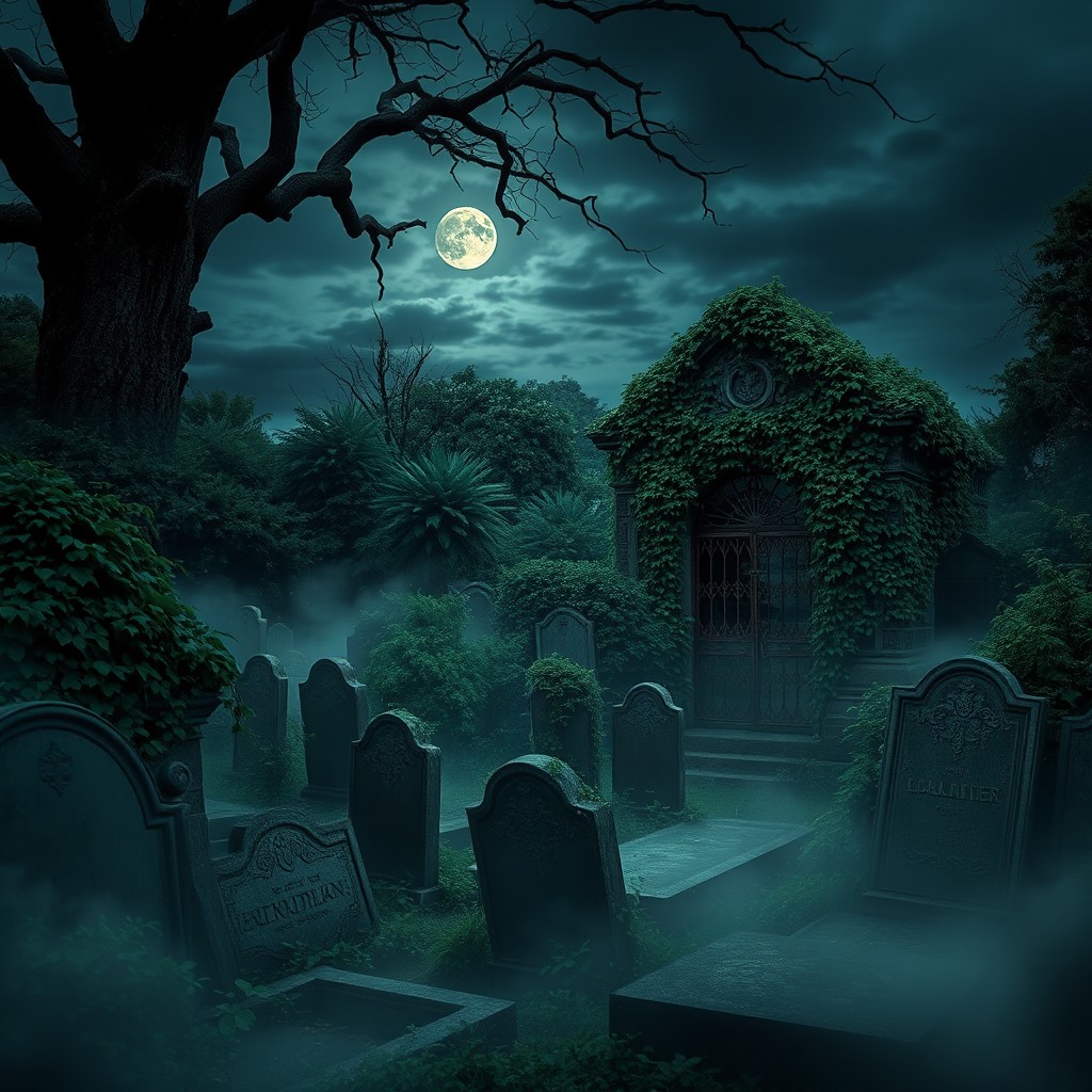 A hauntingly beautiful and abandoned cemetery, overgrown with lush green vines and eerie fog enveloping the scene