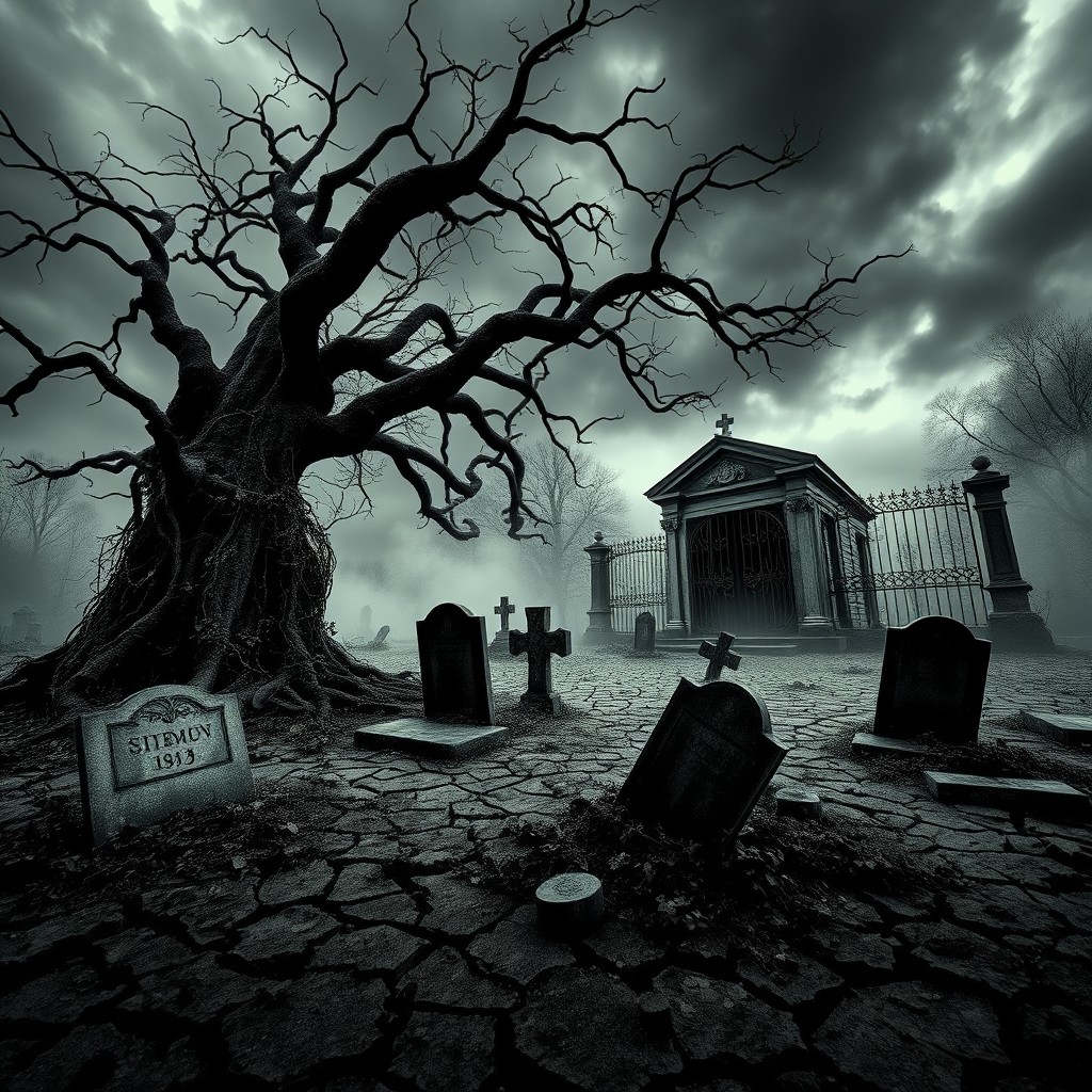 A terrifyingly striking image of an abandoned cemetery, perfectly sized for a YouTube thumbnail