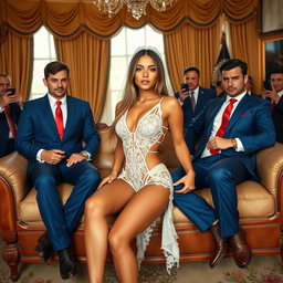 In the grandeur of the Oval Office, a striking 18-year-old Arabic woman captivates the viewer with her delicate beauty, characterized by her slender frame, tiny waist, and wide hips