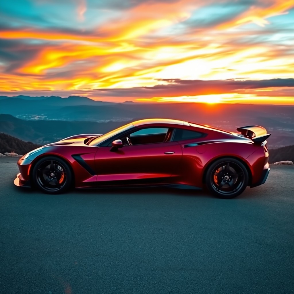 A stunning widebody sports car parked on a scenic mountain overlook during sunset, showcasing its sleek aerodynamic curves and aggressive stance