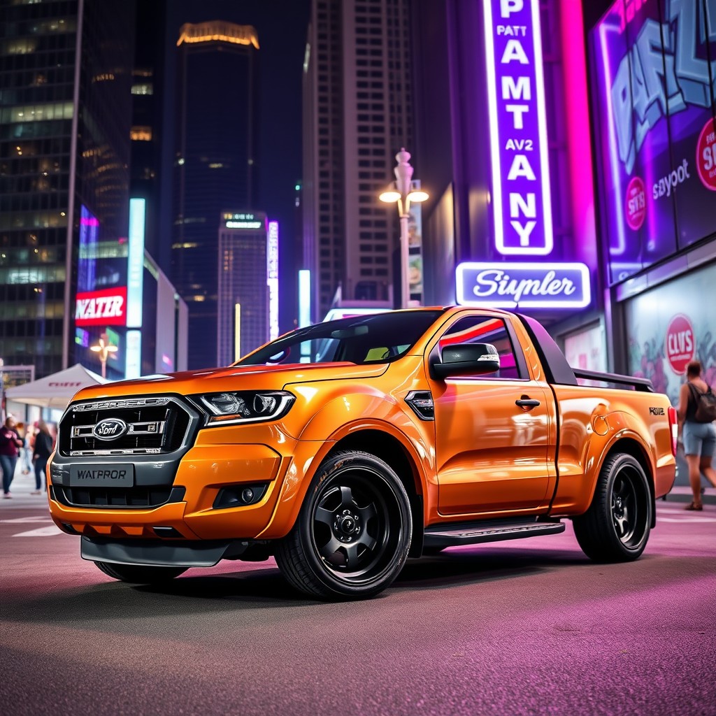 A striking widebody single cab Ford Ranger, lowered to enhance its sporty appearance, parked on an urban street setting