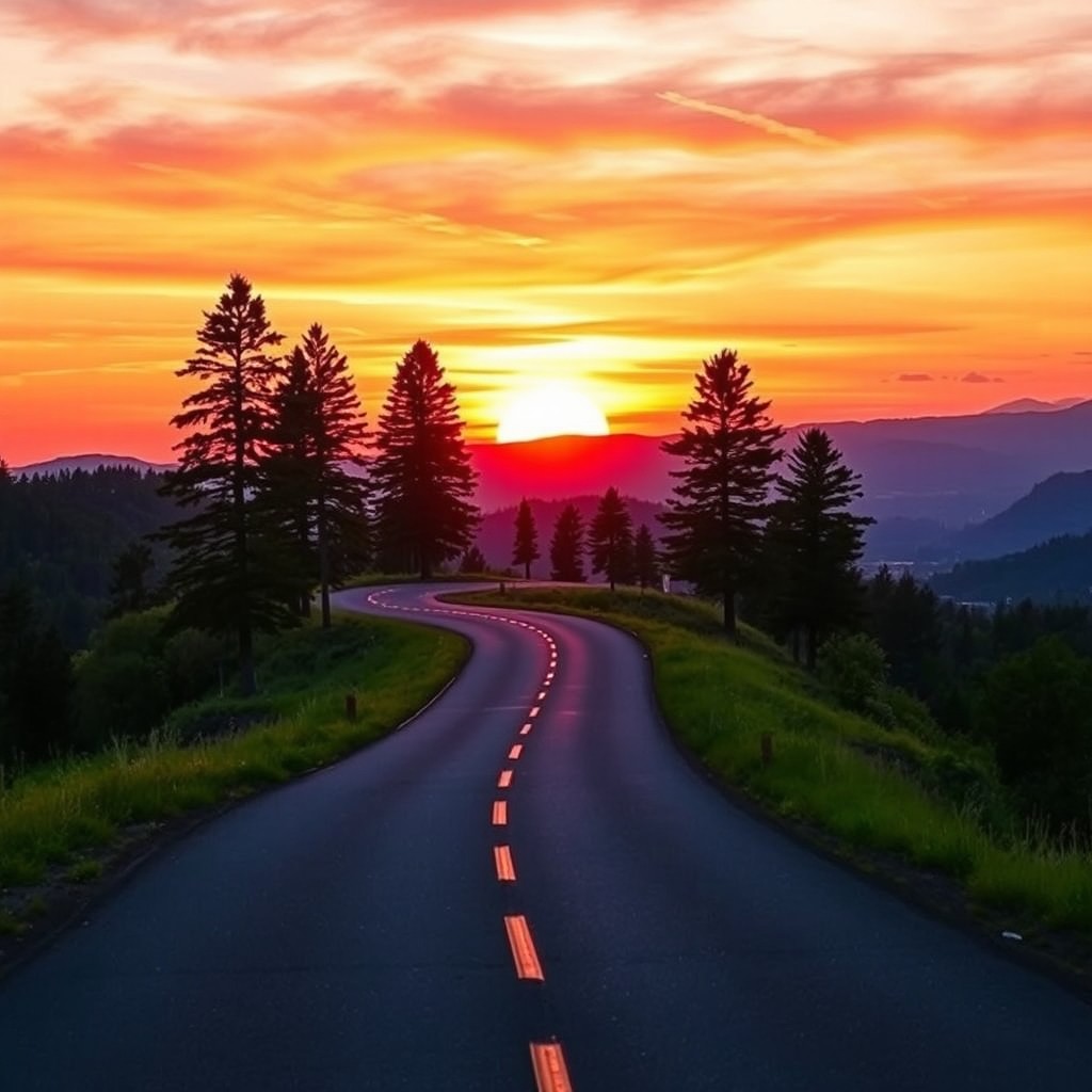 A beautiful winding road leading into the horizon, bathed in the warm colors of a vibrant setting sun